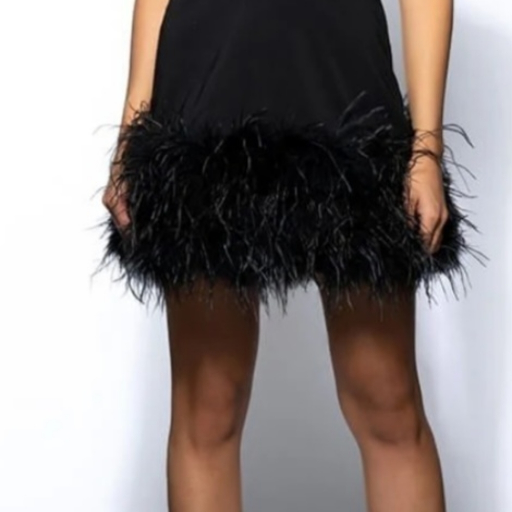 NOEL DEEP V FEATHER TRIM MINI DRESS IN BLACK , NEW WITH TAG - Picture 4 of 7